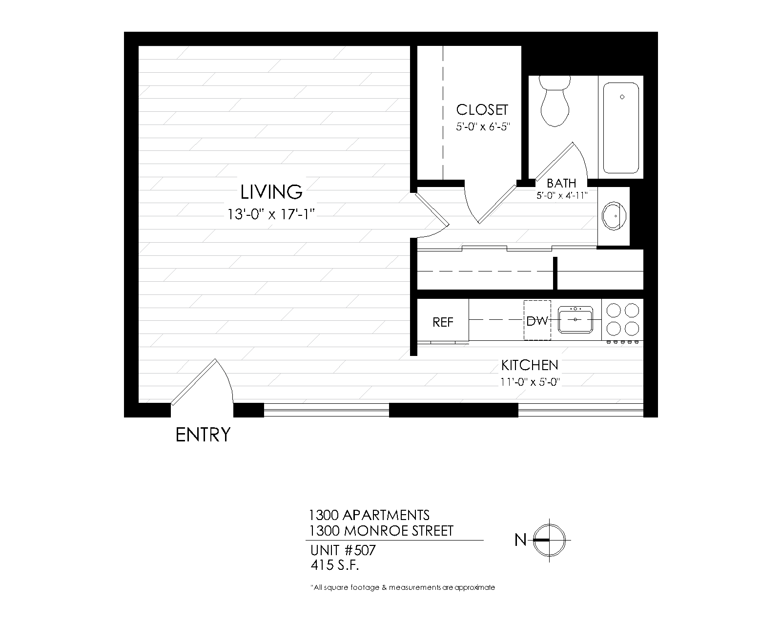 Floor plan for studio, 1 bath, 415 sqft